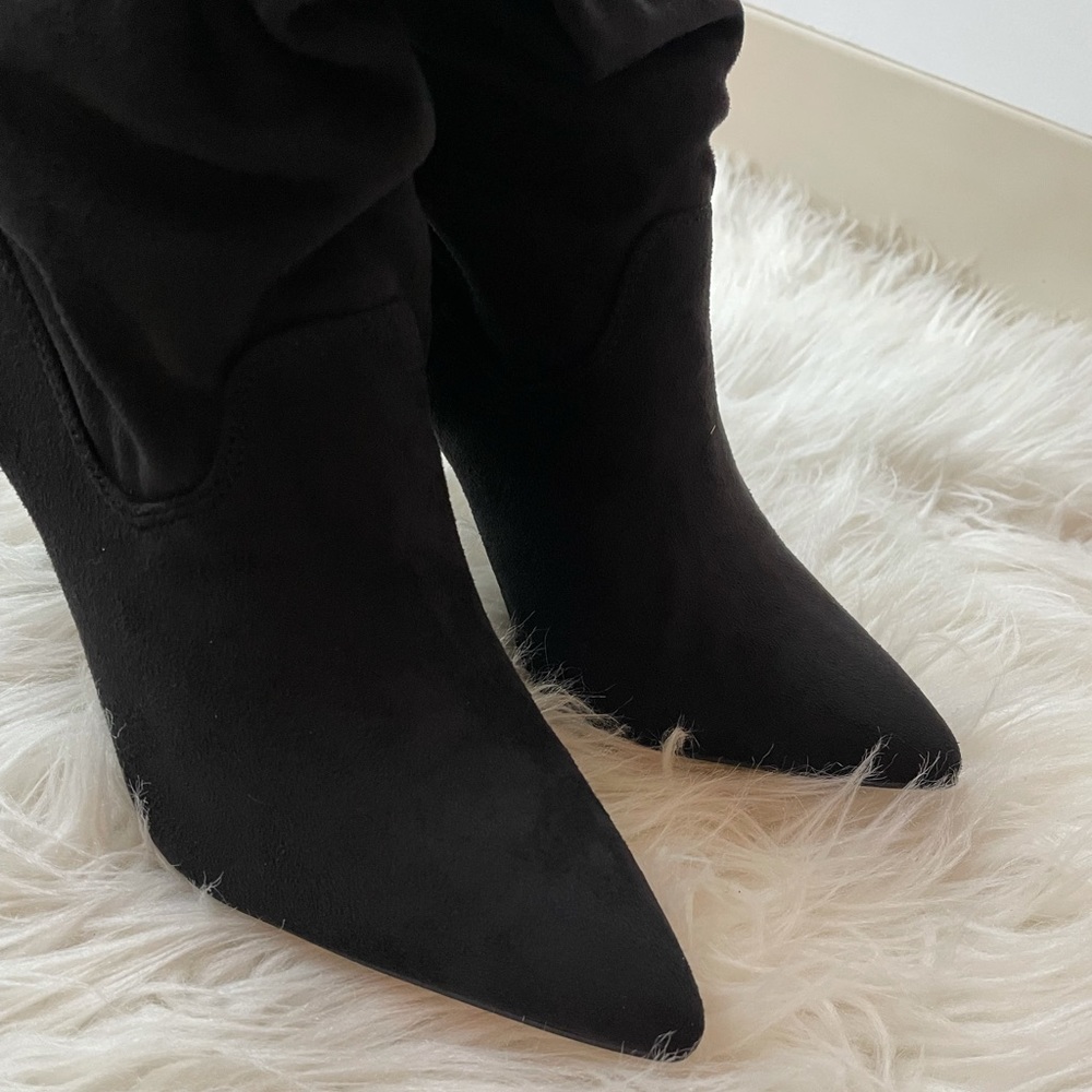 Black Slouchy Pointed Toe Faux Suede Boots - Picture 5 of 15